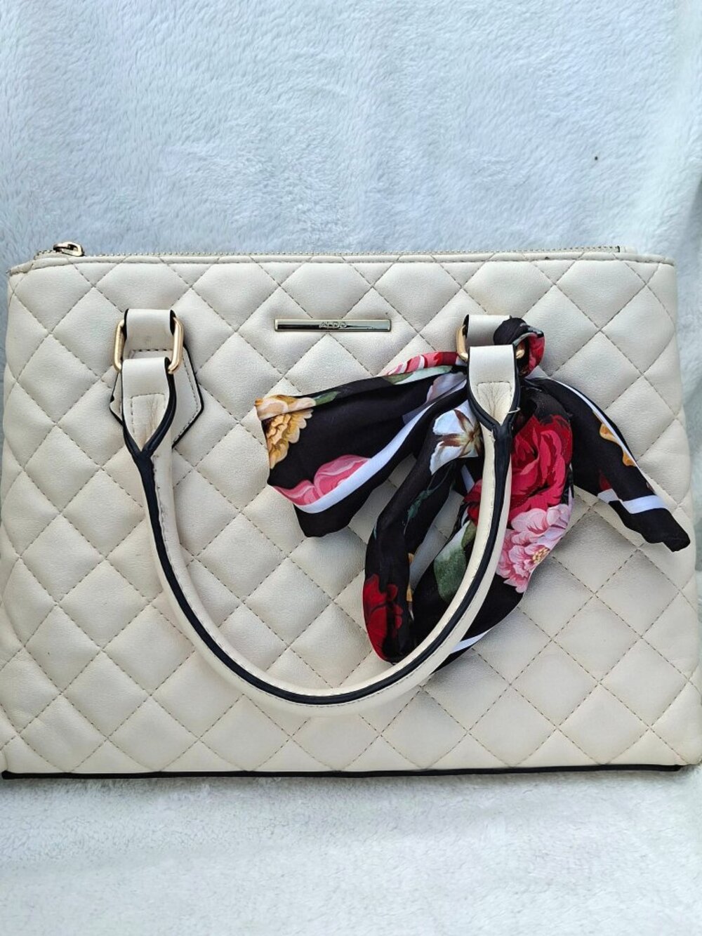 ALDO Cream Vegan Leather Quilted Satchel Multi-Compartment Handbag With Scarf